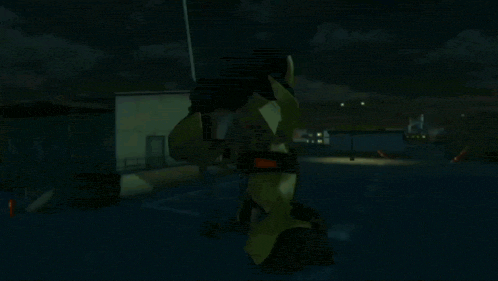a robot with a sword is standing in a parking lot