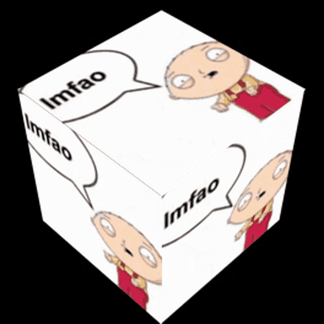 a cube with a cartoon character and the word imfao