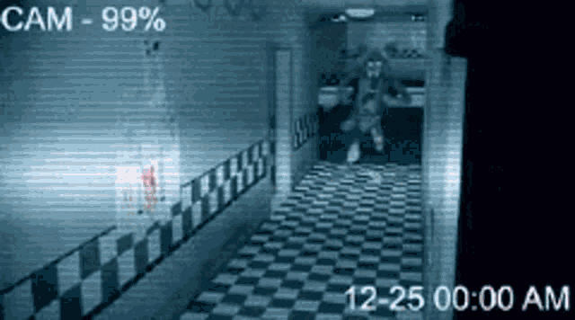 a black and white photo of a hallway with the words cam 99 % on it