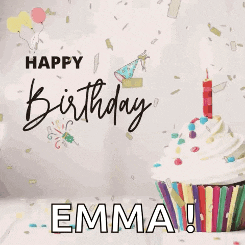a happy birthday emma greeting card with a cupcake and confetti .