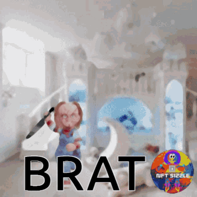 a picture of chucky holding a knife with the word brat below it