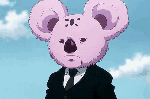 a pink koala wearing a suit and tie with a sad look on his face