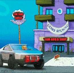 a car is parked in front of a building that says the fam guild
