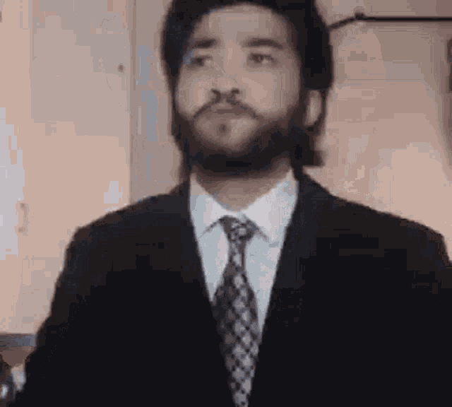 a man with a beard is wearing a suit and tie and looking at the camera .