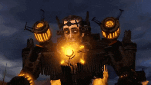 a statue of a robot with a glowing face
