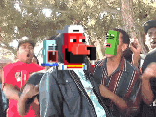 a man wearing a red hat and a green mask stands in front of a crowd