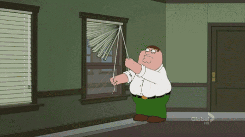 a cartoon of peter griffin holding a blind in front of a window
