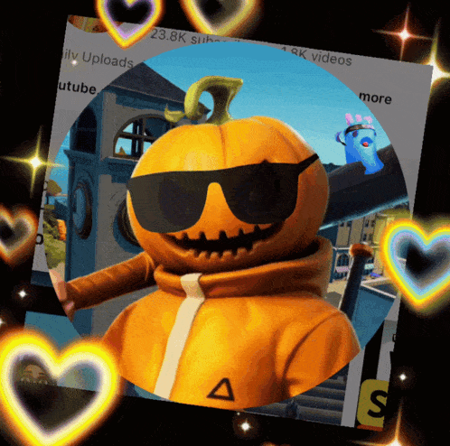 a picture of a pumpkin wearing sunglasses with a triangle on the sleeve