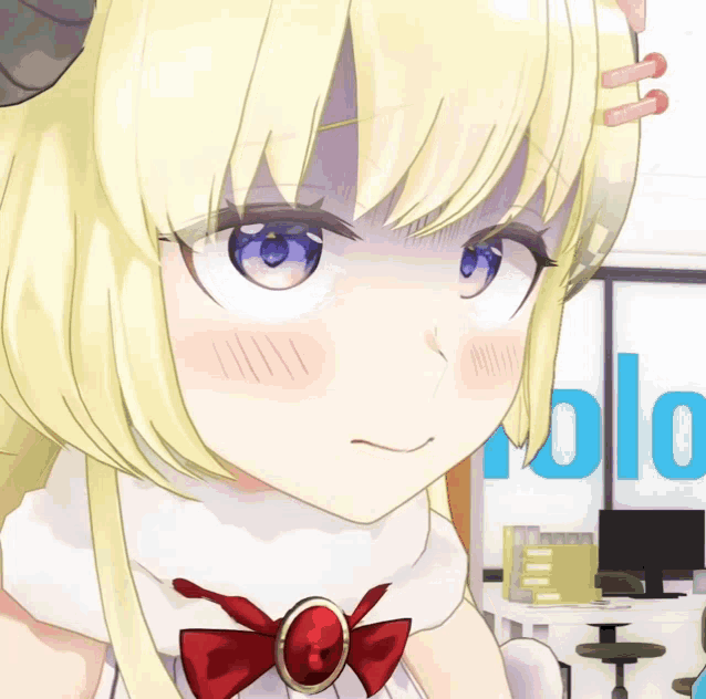 a close up of a blonde anime girl with blue eyes