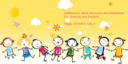 a happy children 's day greeting card with a bunch of kids