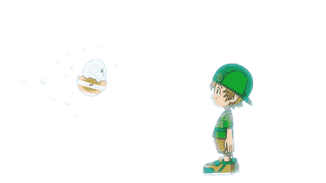 a boy in a green hat reaches out towards a white and yellow egg