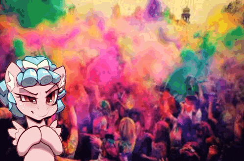 a pony is standing in front of a crowd of people covered in colored powder