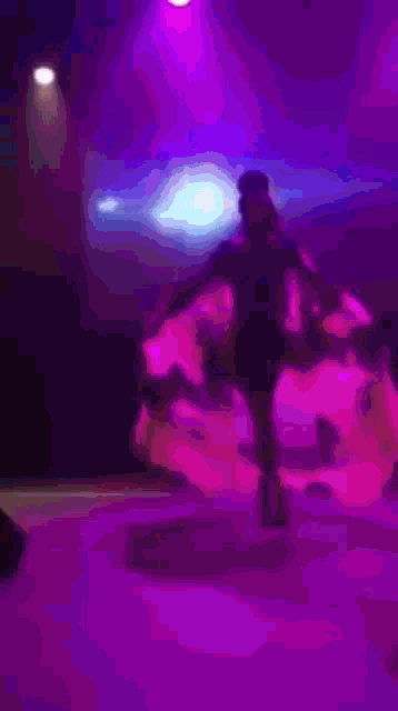 a blurry picture of two people dancing in a dark room with purple lights