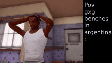 a man in a white tank top is standing in a room with the words pov gxg benches in argentina behind him