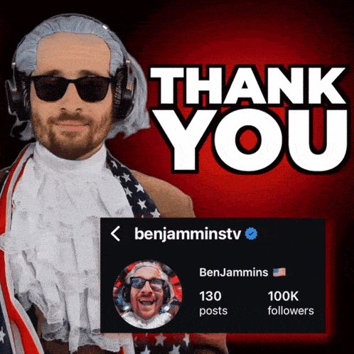 a man in a wig and sunglasses stands in front of a thank you sign