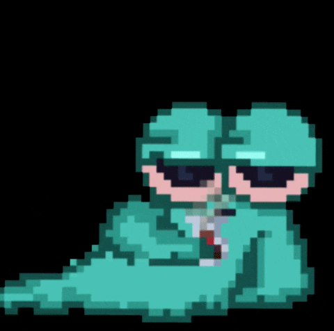 a pixel art of a person wearing sunglasses and a green blanket