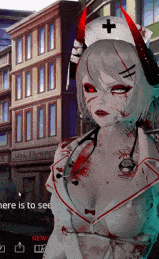 a nurse with horns and a stethoscope stands in front of a building that says mrs flowers