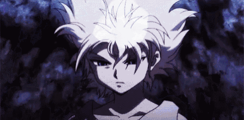 a close up of a cartoon character with white hair and a purple background .