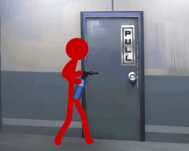 a red stick figure is holding a fire extinguisher in front of a pull door