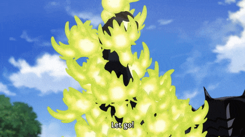 a cartoon character is surrounded by yellow flames and says " let go "