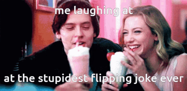 a man and a woman are laughing at a stupid flipping joke