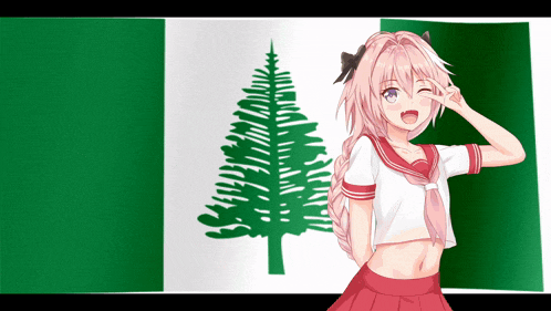 a girl with pink hair is saluting in front of a flag