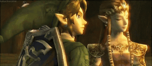 a video game character , link and zelda , are standing next to each other in a dark room .