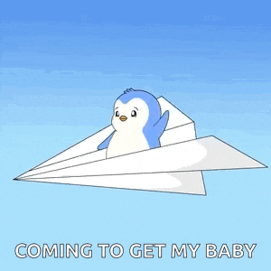 a penguin is flying on a paper airplane with the words coming to get my baby written below it