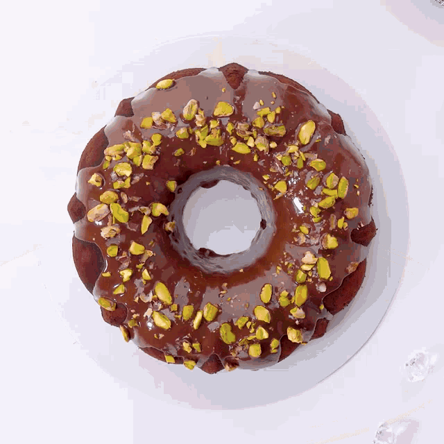 a chocolate bundt cake with pistachios on it