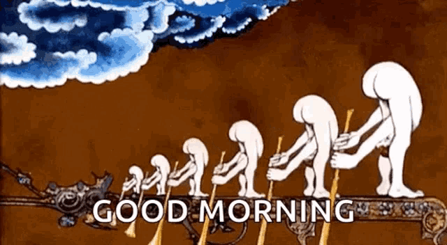 a cartoon of a group of people standing next to each other with the words `` good morning '' written below them .