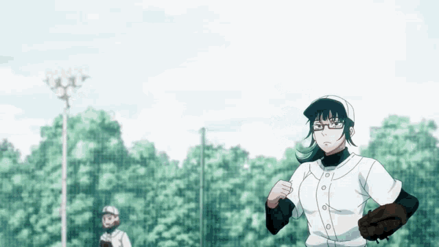a woman in a baseball uniform with glasses is running on a field