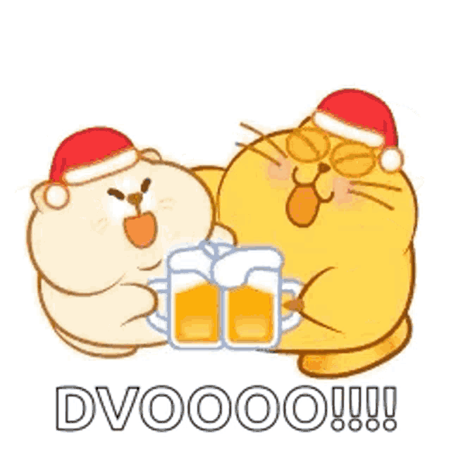 a couple of cats wearing santa hats are holding mugs of beer .