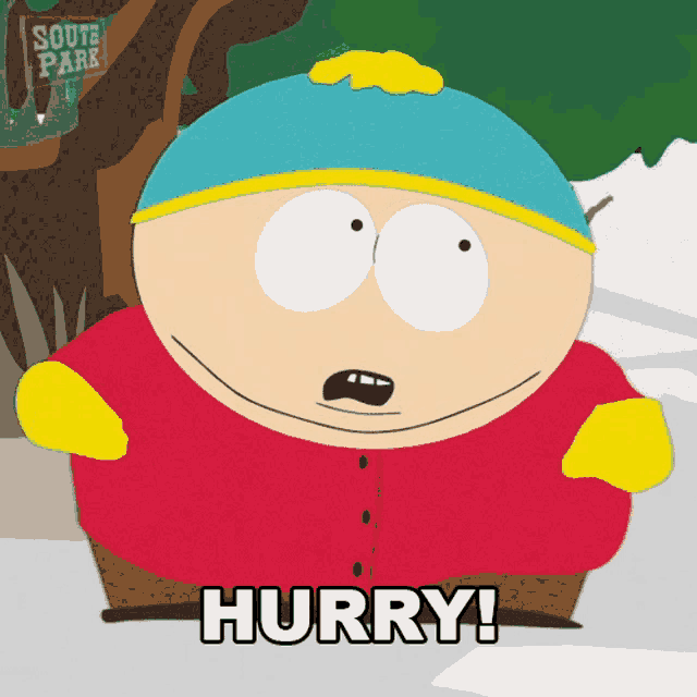 a cartoon character with the word hurry on it