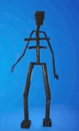 a skeleton with a microphone on his head is standing on a blue background
