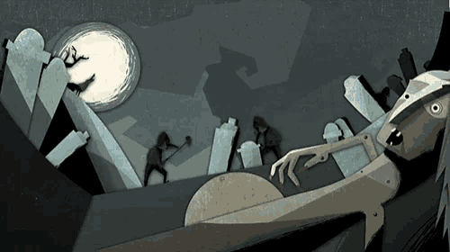 a cartoon illustration of a cemetery with a full moon in the background