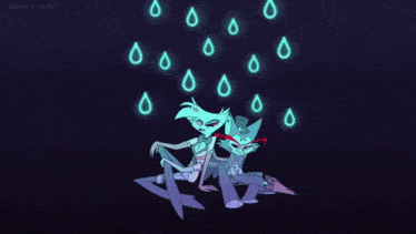 a couple of cartoon characters sitting under an umbrella with rain drops in the background
