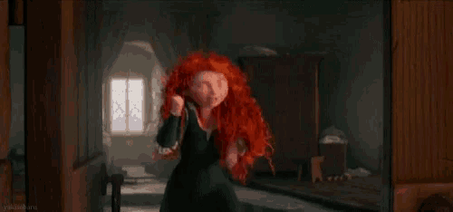 a cartoon character with red hair and blue eyes is standing in a dark room