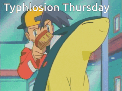 a cartoon of a boy holding a fish with typhlosion thursday written above him