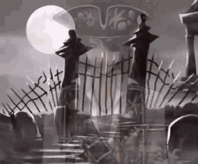 a painting of a cemetery with a fence and a full moon .
