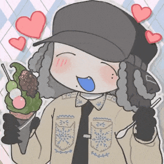 a cartoon character is holding a cone of ice cream and a spoon .
