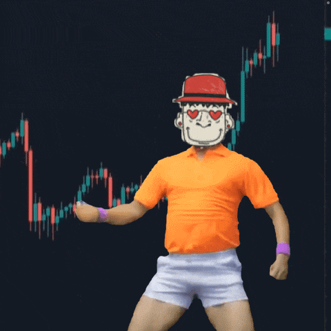 a man in an orange shirt and white shorts is dancing in front of a stock graph