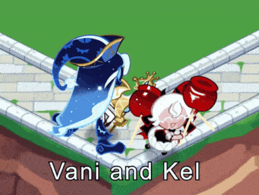 vani and kel are standing next to each other on a brick wall