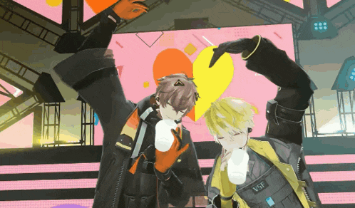 two anime characters are making a heart shape with their hands and one has vsf on his chest