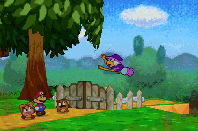 a cartoon of mario and goomba standing next to a fence