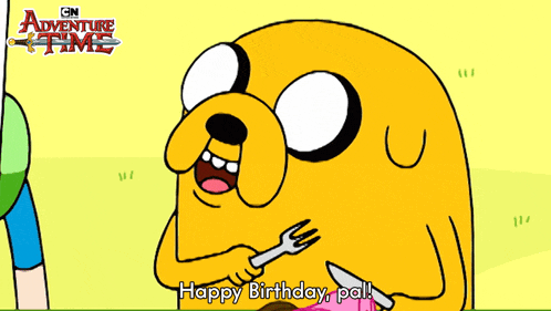 a cartoon character from adventure time is holding a fork and knife