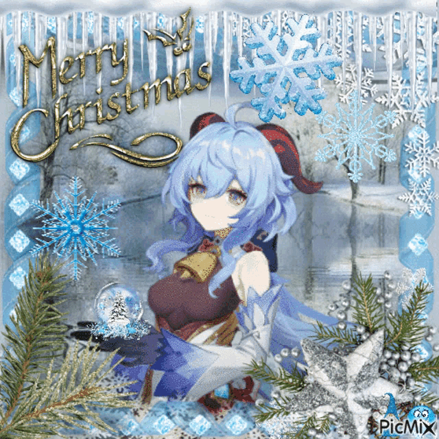 a christmas card with a blue haired anime girl and the words merry christmas