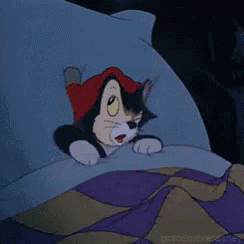 a cartoon cat wearing a red hat is laying in bed