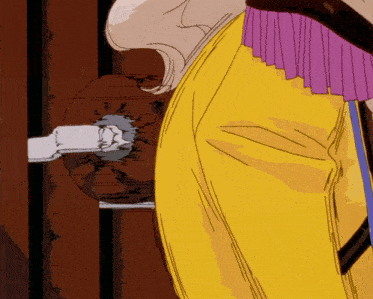 a cartoon drawing of a woman in a yellow jacket holding a gun