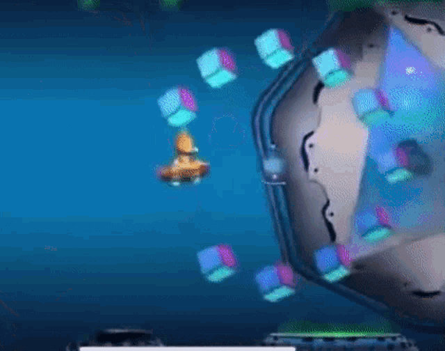 a cartoon character is flying through the air in a video game surrounded by blocks .