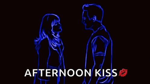 a neon drawing of a man and a woman with the words afternoon kiss on the bottom